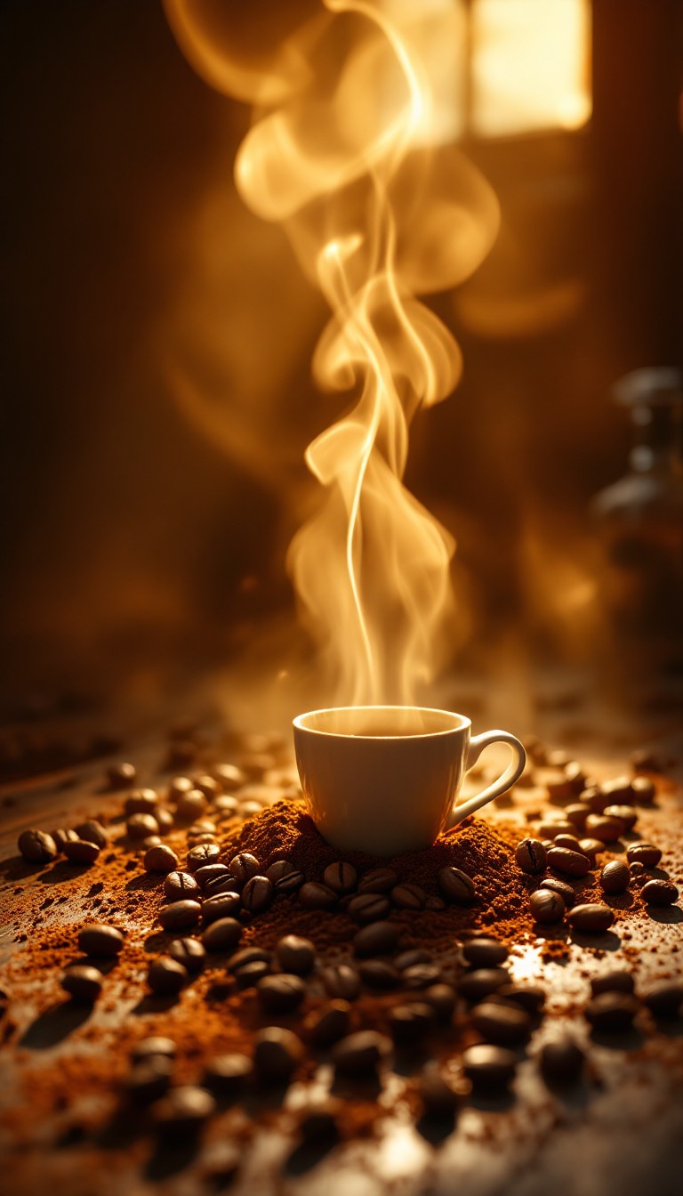 Steaming cup of coffee surrounded by whole beans